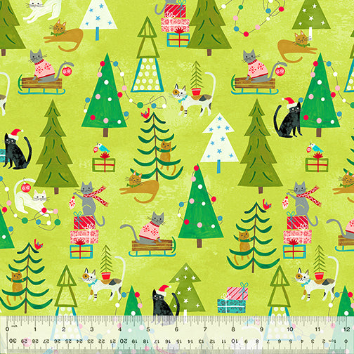 Happy Pawlidays Purrs & Pines Chartreuse Cotton Fabric Quilting and Crafts