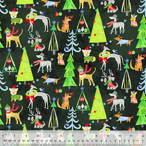 Happy Pawlidays Christmas Canines Black Cotton Fabric