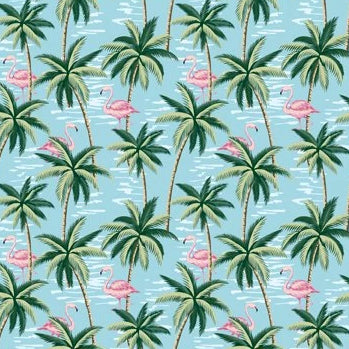 Flamingos and Palms Blue